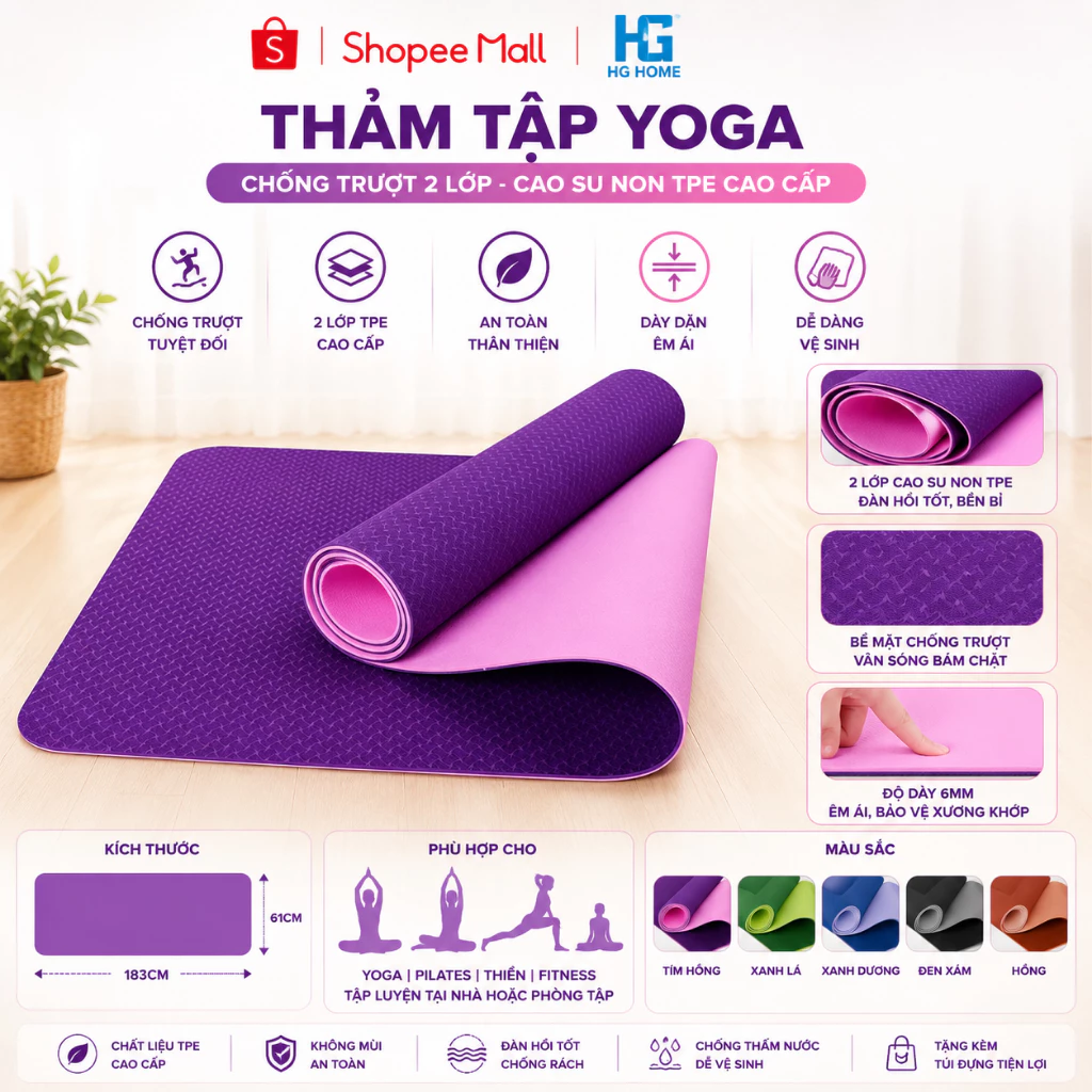 Thảm Tập yoga HGHOME chống trượt 2 lớp dày chất liệu cao su non TPE cao cấp [ HÀNG TỐT ]