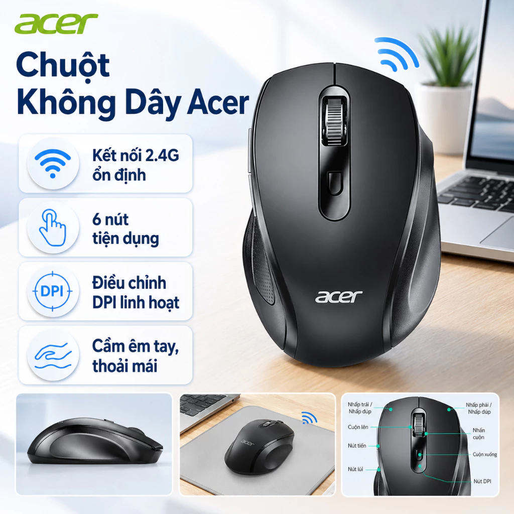 Acer L173-BH Chuột không dây  không dây 2.4G, thời lượng pin dài, tương thích với máy tính và máy tính xách tay