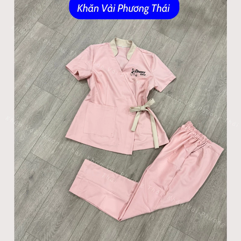 Đồng phục spa, đồng phục nhân viên buộc nơ eo, chất cotton lạnh không nóng, không nhăn