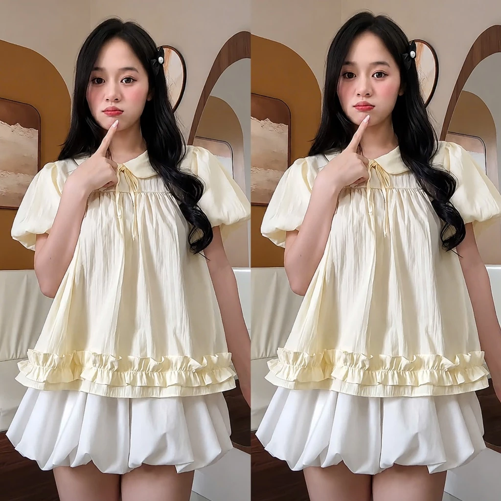 Áo babydoll tay bồng gấu bèo 1 tầng nữ tính Hàn Quốc tiểu thư điệu đà, xinh xắn