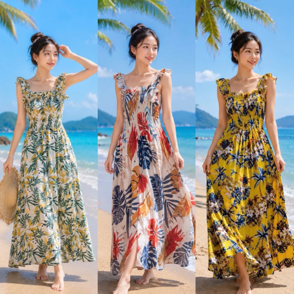 Đầm đi biển chất vải tôn (lanh) siêu thoáng mát đi biển, Đầm maxi đi biển hoạ tiết hoa lá cây dừa cho nữ freesize