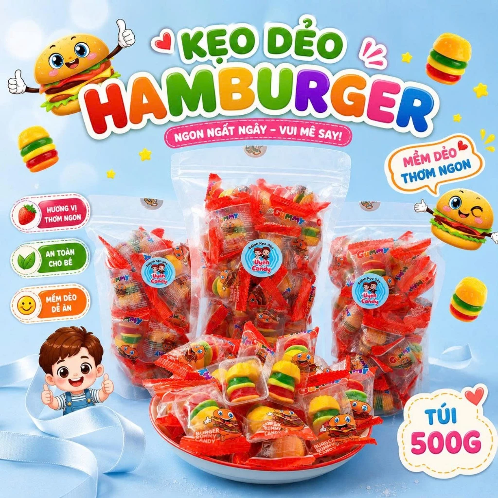 Kẹo Dẻo Hamburger Mini - Kẹo Dẻo Hình Burger Ngộ Nghĩnh, Hương Vị Trái Cây Thơm Ngon