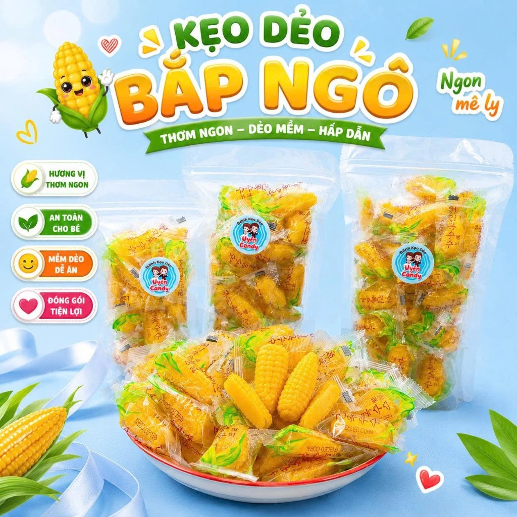Kẹo Dẻo Bắp Ngô Nhân Chảy - Kẹo Dẻo Hình Trái Bắp Ngộ Nghĩnh, Thơm Đậm Vị Bắp