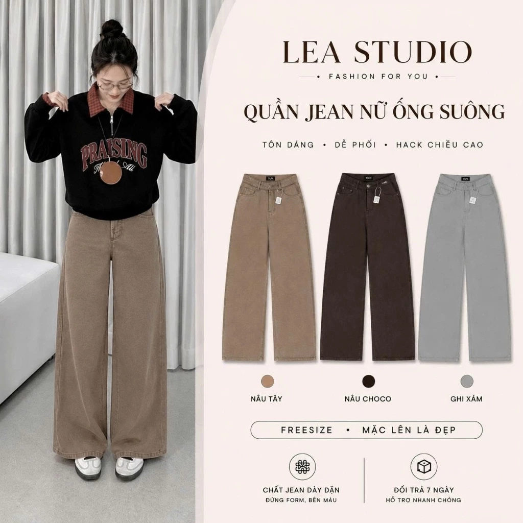 Quần Jean Nữ  Ống Suông 22cm Cạp Cao Thiết Kế Túi Hộp ZIA Dây Rút Hàn Quốc Rêu Trắng Đen - Lea.studio