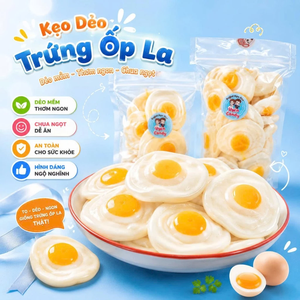 Kẹo Dẻo Trứng Ốp La Size To - Kẹo Dẻo Hình Trứng Ốp La Giống Thật, Dẻo Mềm Thơm Ngon