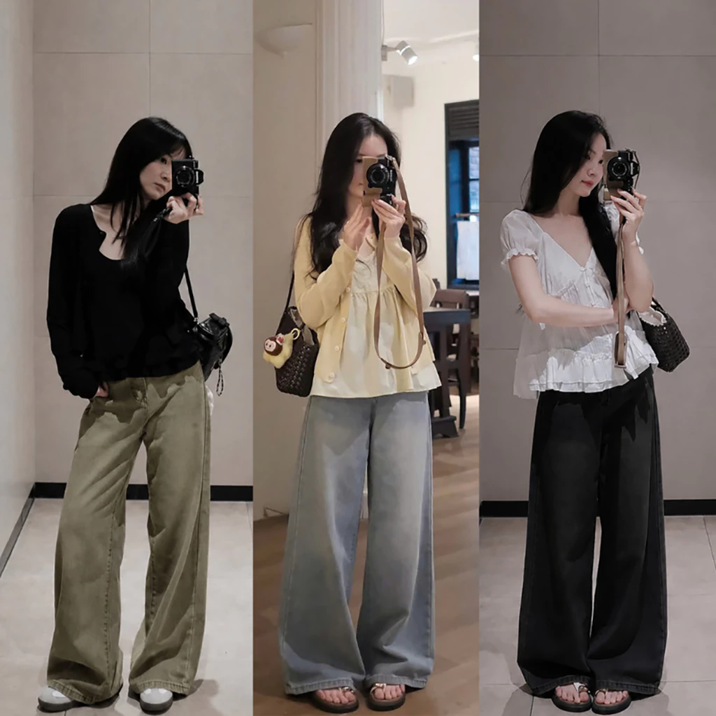 Quần Jeans Nữ Ống Rộng Suông, Quần Bò Nữ Ống Suông Rộng Ánh Bạc Lưng Cao Wash Unisex Tôn Dáng