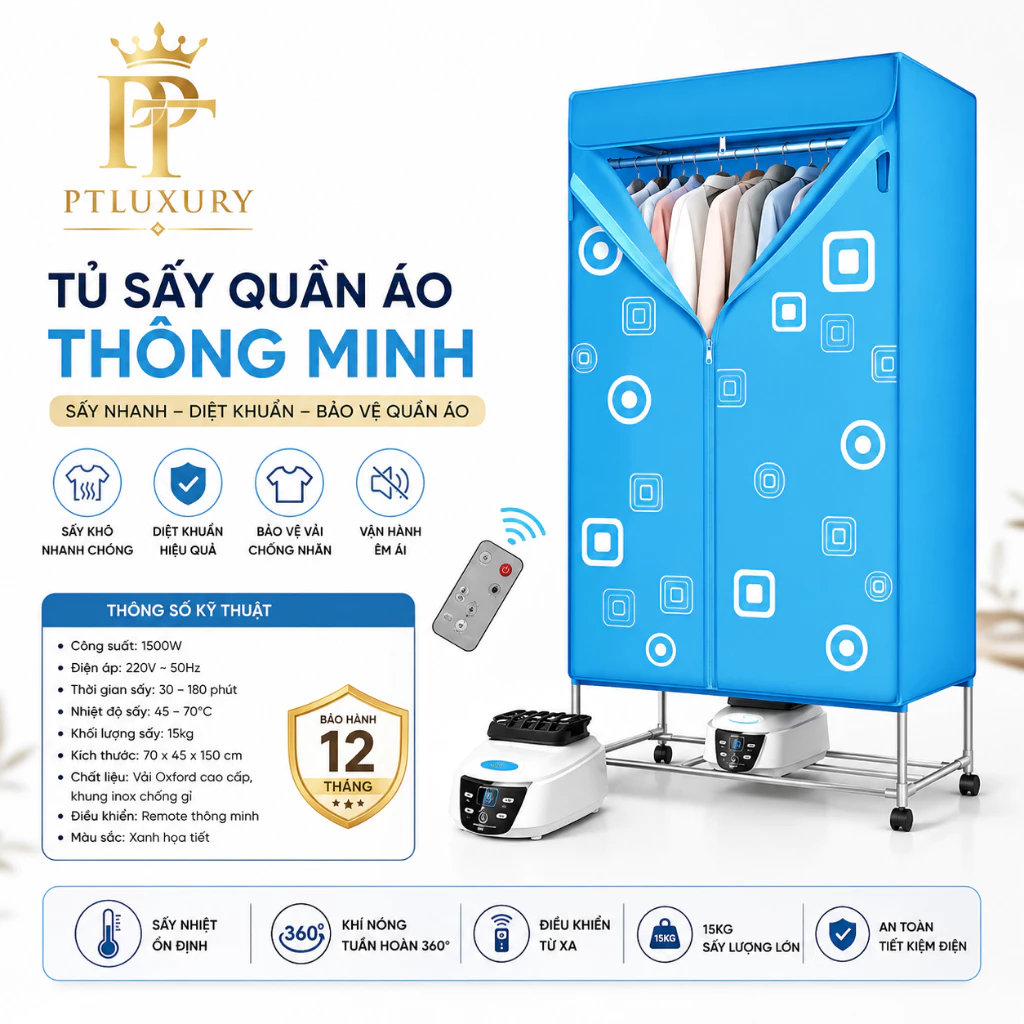 Tủ Sấy Quần Áo Có Điều Khiển Tù Xa Khung INOX Chắc Chắn, An Toàn Chạy Êm Không Gây Ồn