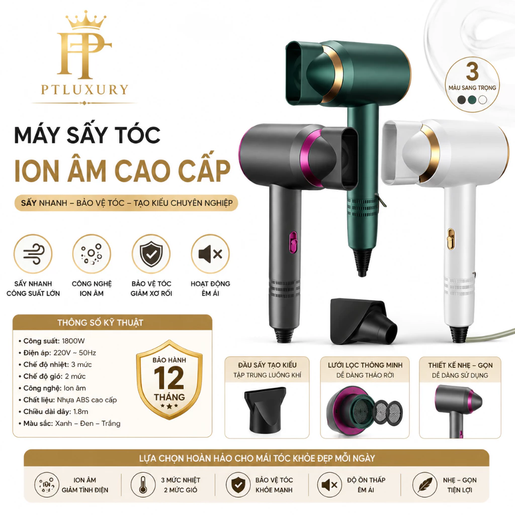 Máy Sấy Tóc Tạo Kiểu Đa Năng 2 Chiều Nóng Lạnh Nhanh Khô Công Suất Lớn, 3 Chế Độ Sấy