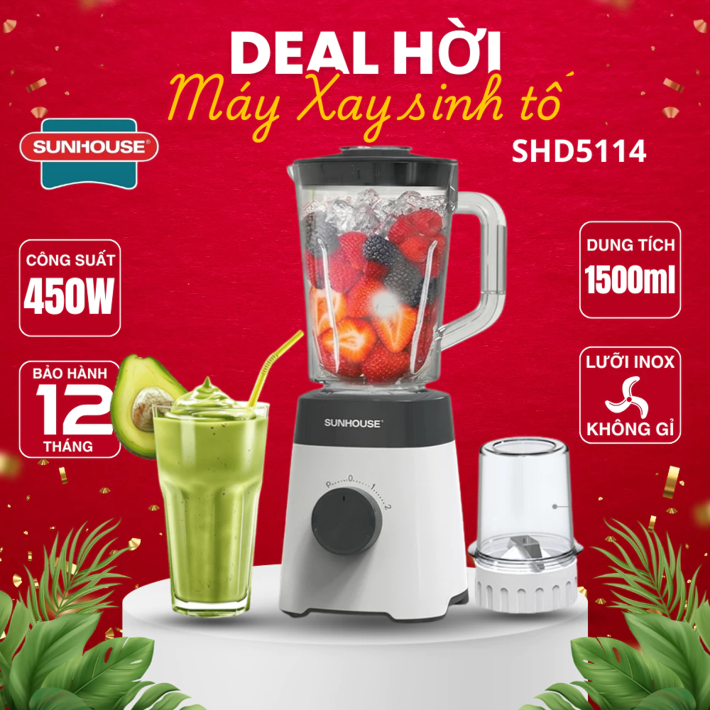 Máy xay sinh tố đa năng SUNHOUSE SHD5114, SHD5118 Dung tích 1.5L, Công suất mạnh 600W, 3 Cối nhựa bền bỉ