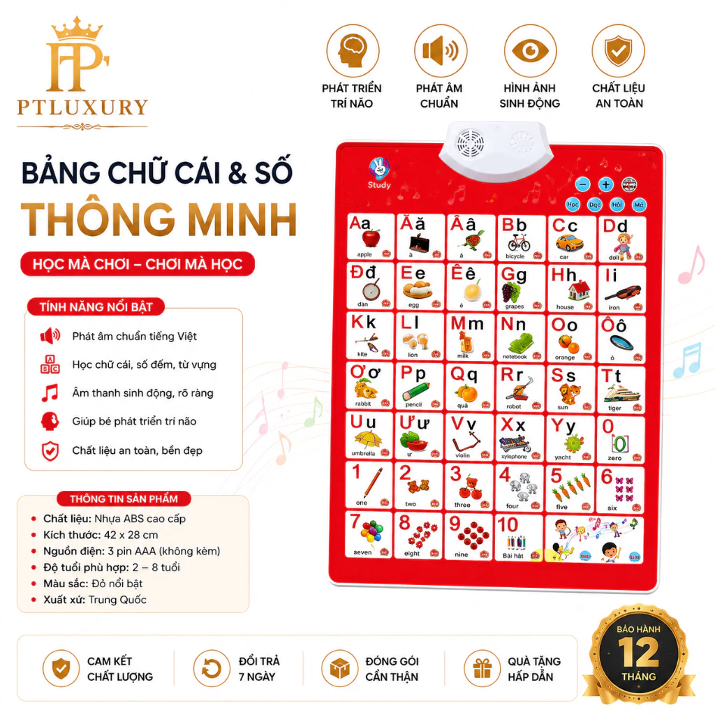 Bảng chữ cái điện tử PTLUXURY chữ và số tiếng việt treo tường cho bé có đầy đủ giọng nói [ Hàng Tốt ]