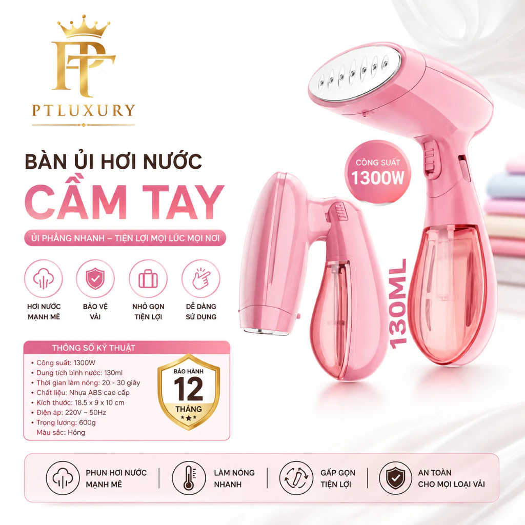 Bàn là hơi nước PTLUXURY công suất cao 1500W hơi nước khỏe, ủi quần áo cực phẳng
