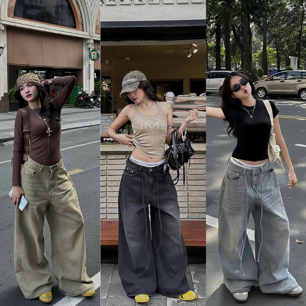 SMOKE WASH LOOSE PLEAT PANTS - Quần jeans nữ Retro ống suông rộng Dây Thừng Cạp Cao WHOSE, quần jean nam Ống Cong Unisex