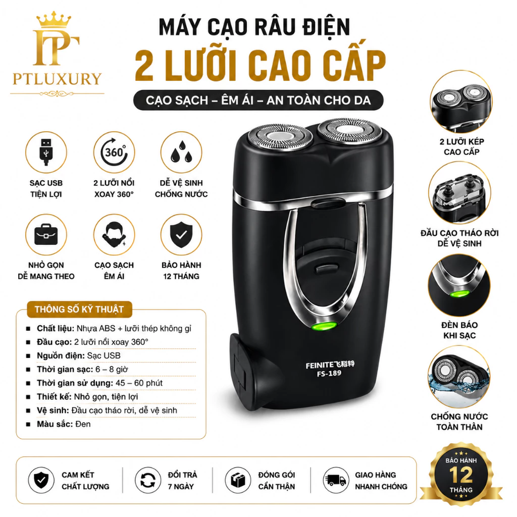 Máy Cạo Râu PTLUXURY Thông Minh FS-189 Lưỡi Dao Kép Tự Làm Sắc Sử Dụng Pin Sạc [ Hàng Chính Hãng ]