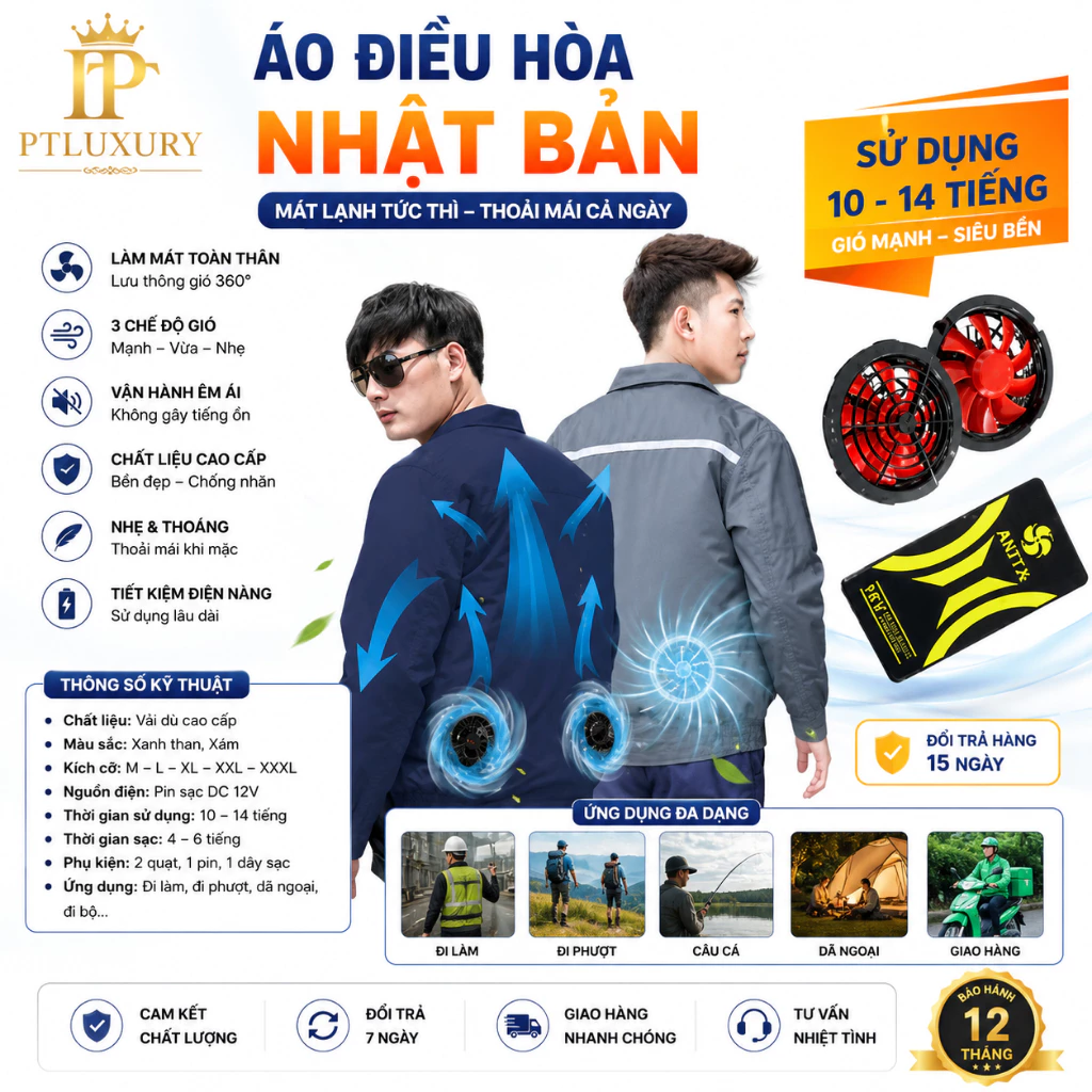 Áo điều hòa chính hãng PTLUXURY pin 18V 90000mAh, làm mát nhanh, sử dụng liên tục  12–14 giờ