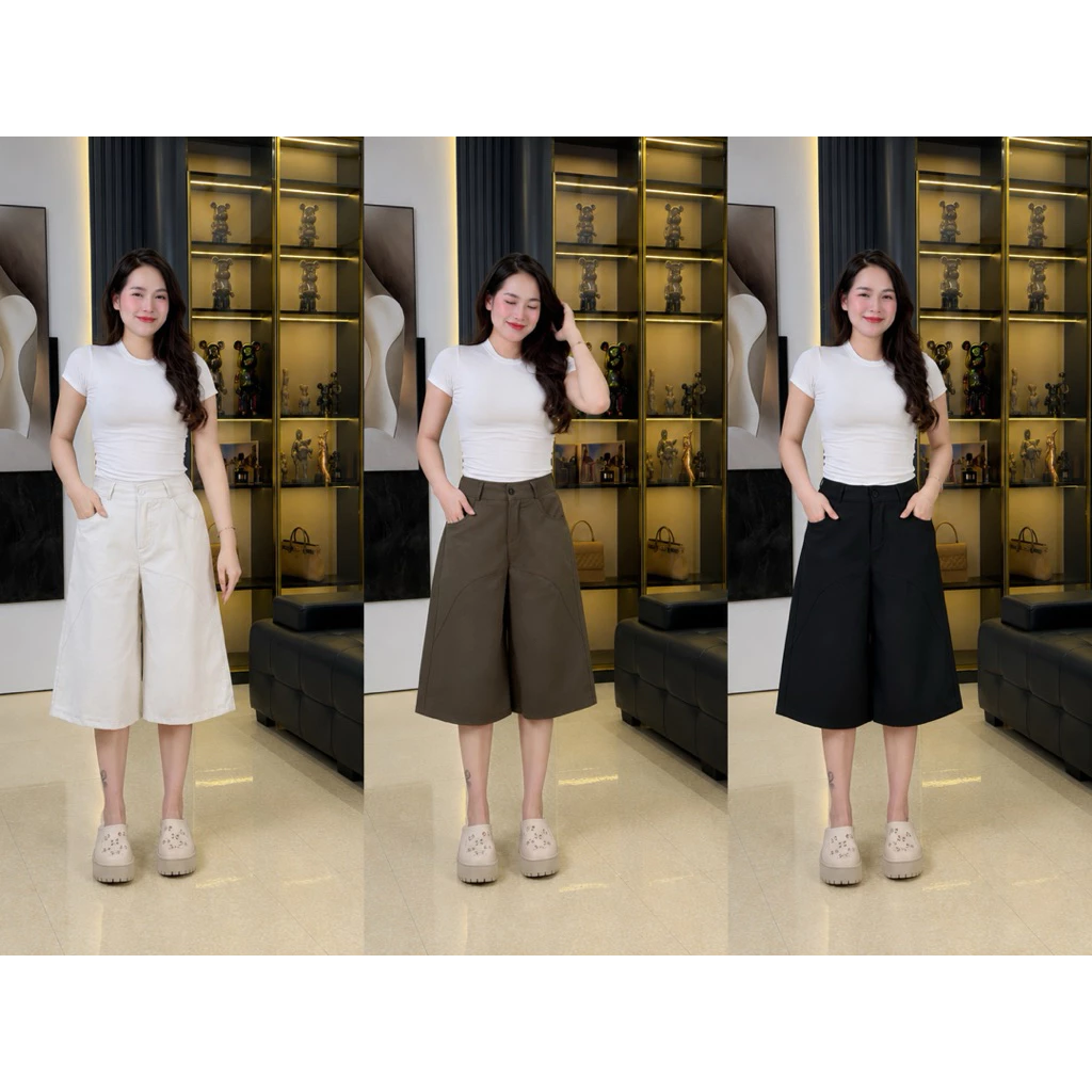 Quần Ngố Lửng Ống Suông Rộng Vải Vải kaki nhật Cạp Trước Khoá Sau Chun Mặc Thoải Mái