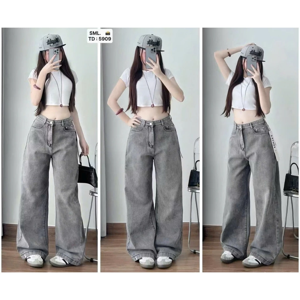 Quần jeans nữu ống duông màu xám khói gấu to dài (94-96cm) quần bò nữ ống rộng cạp cao siêu hack dáng