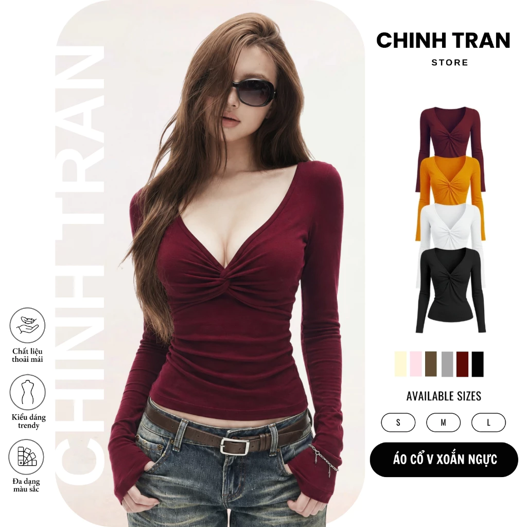 [MỞ BÁN] Áo Thun Xoắn Ngực Dài Tay Ôm BodyThiết Kế Xẻ V Nữ Tính - Chinh Trần Store