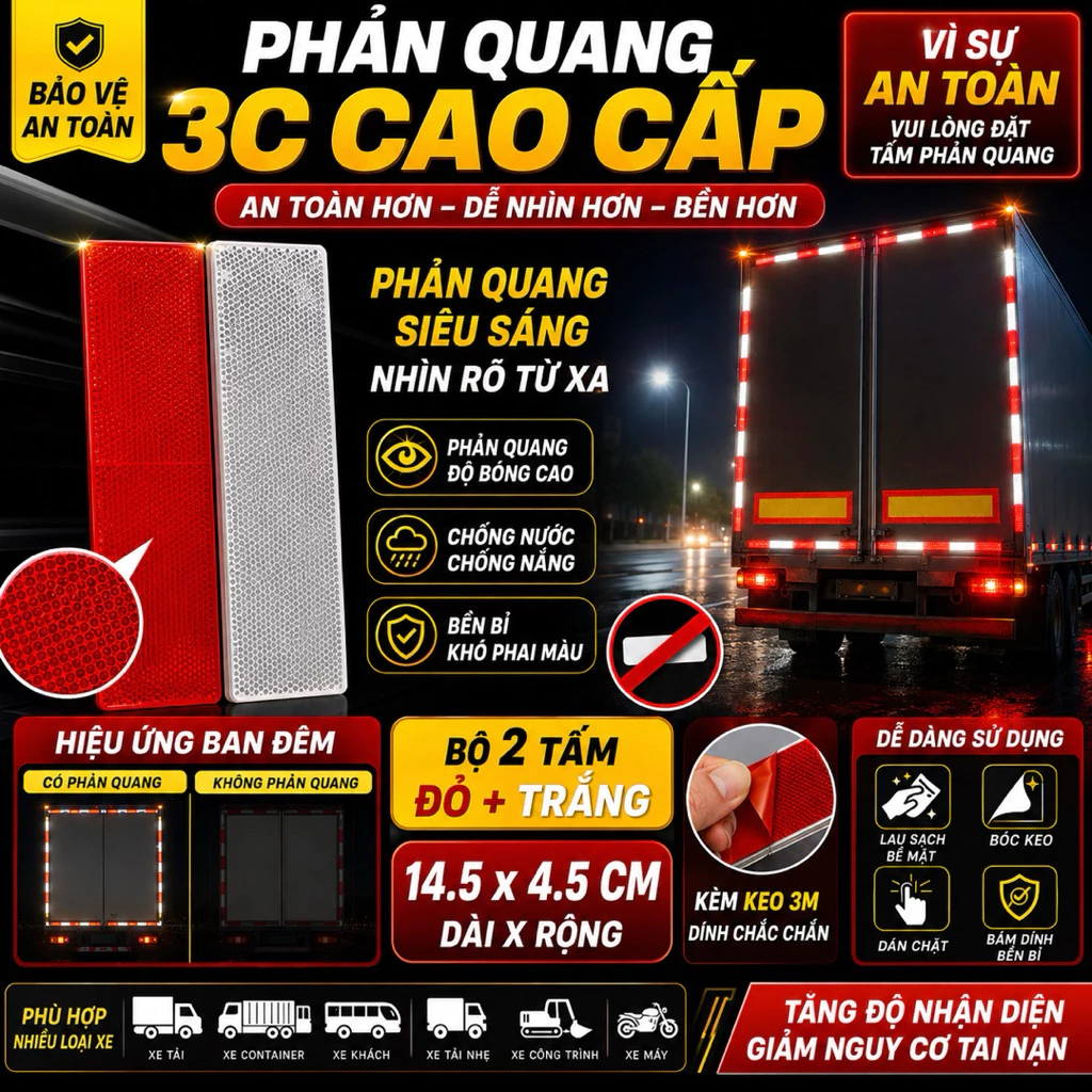 Combo 2/5/10 Miếng Phản Quang Dán Xe Ô Tô Xe Tải Xe Máy 3C Cao Cấp - Tem Phản Quang Cảnh Báo An Toàn Ban Đêm