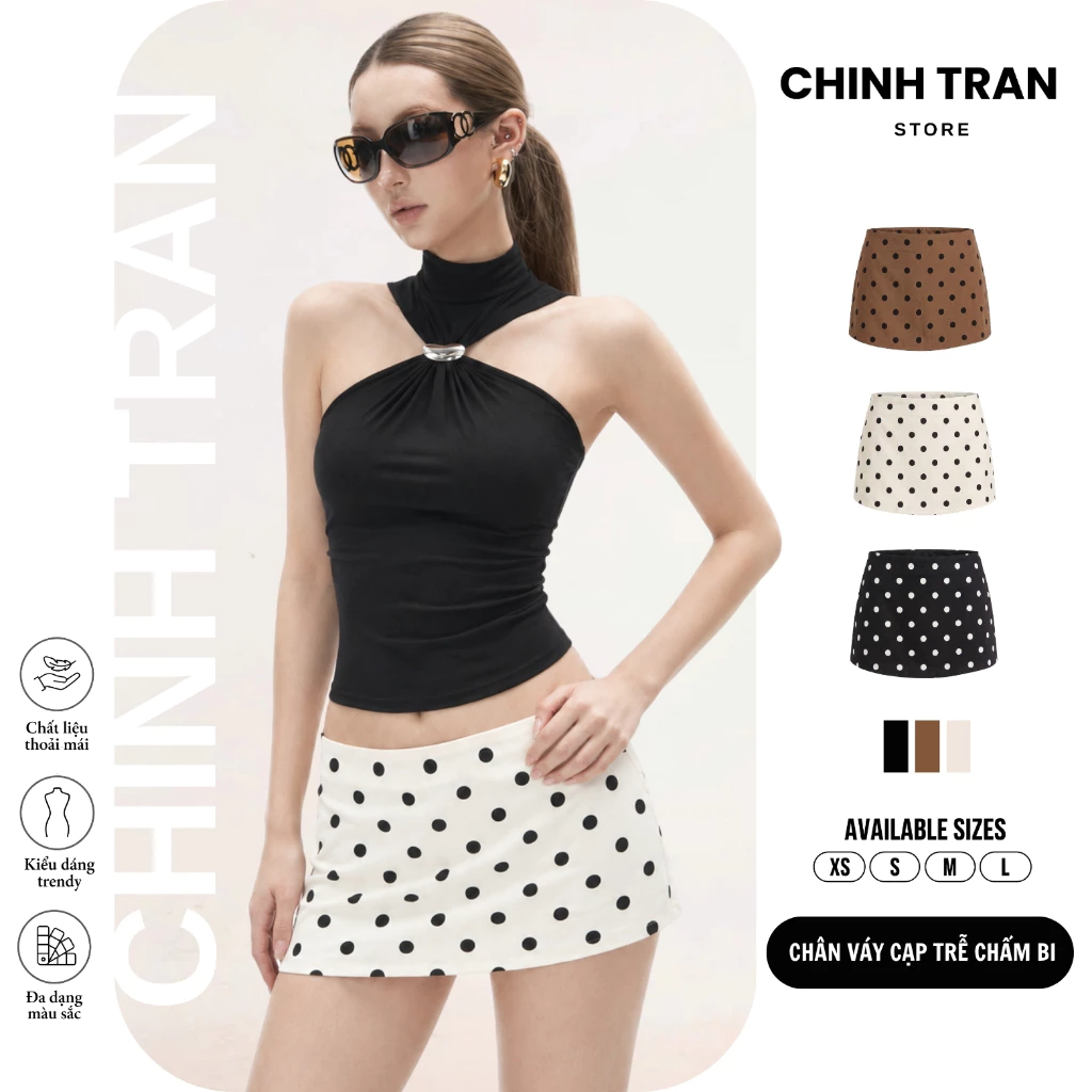 Chân Váy Cạp Trễ Chấm Bi Dáng Ngắn Phong Cách Trendy Nữ Tính - Chinh Trần Store