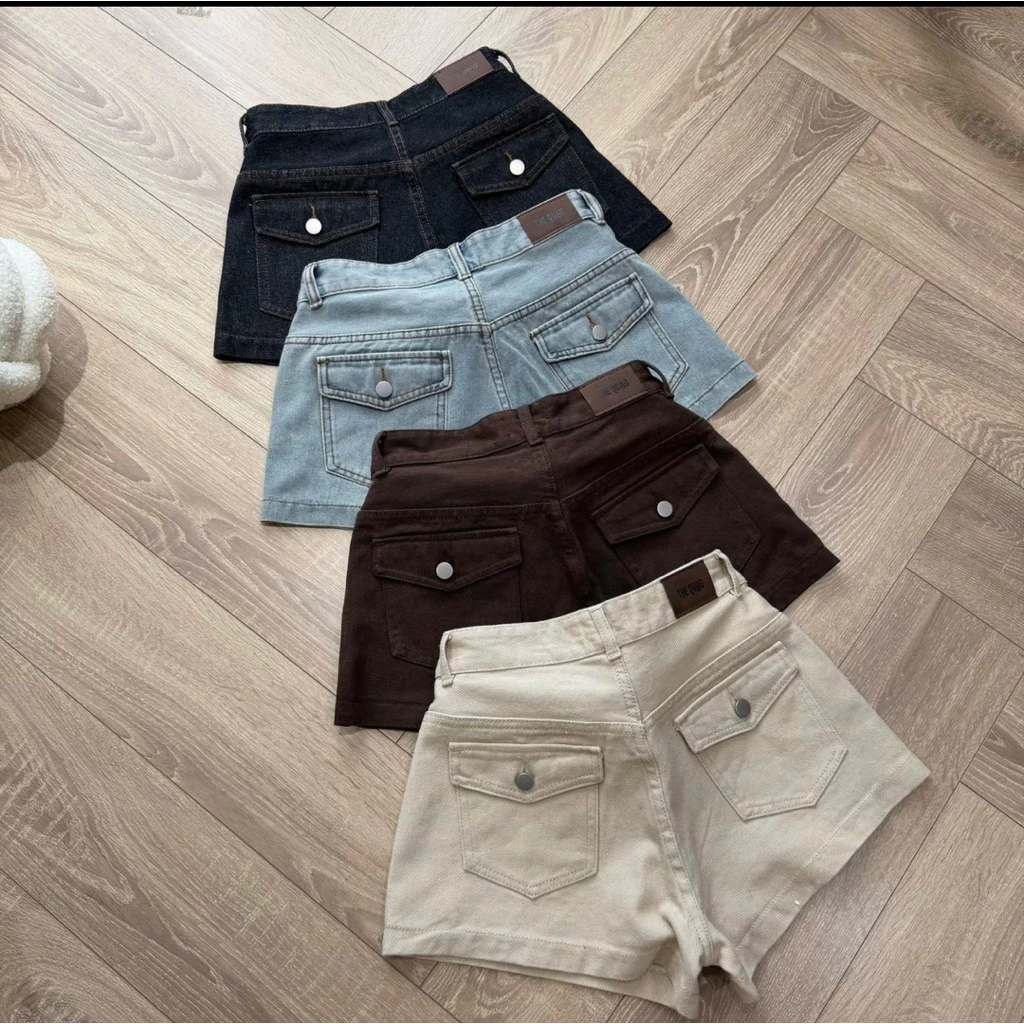Quần short jeans cạp khoá lưng cao có phối nắp túi phom A mặc hách dáng,trẻ trung cho nữ