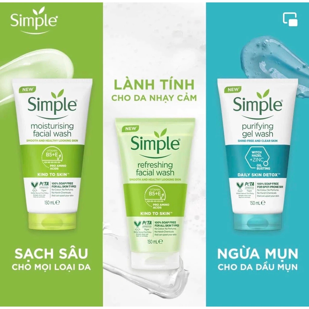Sữa rửa mặt Simple 150ml dịu nhẹ cho da nhạy cảm, không hương liệu & paraben