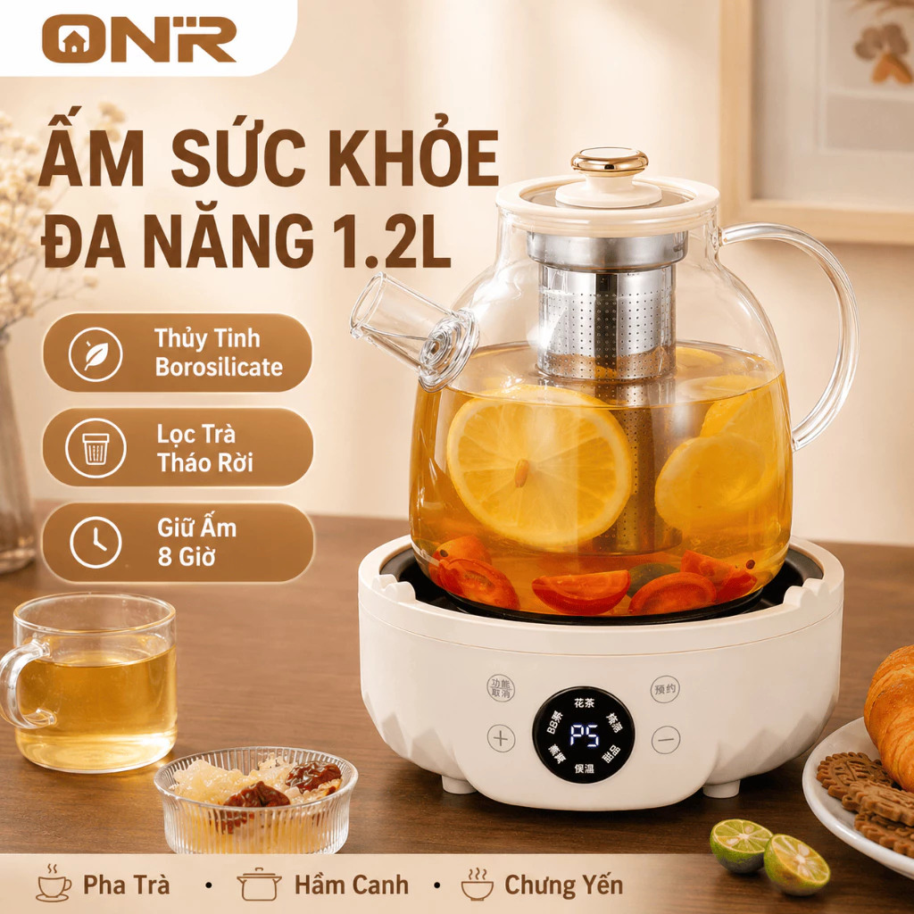 Ấm Đun Nước Đa Năng 1.2L 700W, 6 Chức Năng, Giữ Ấm 8H, Cảm Ứng, Borosilicate, Hầm Tổ Yến