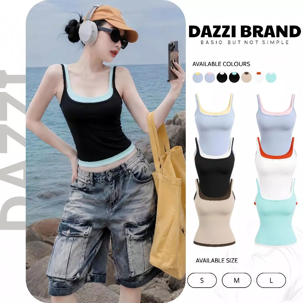 Áo 2 dây cổ vuông phối màu nữ tính ôm dáng chất cotton mịn A06