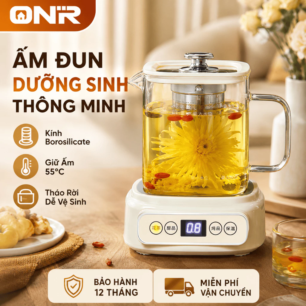 Ấm Siêu Tốc Đa Năng 1000ML, Thủy Tinh Borosilicate, Cảm Ứng, Bộ Lọc, Giữ Ấm 24H, Nấu Cháo & Trà