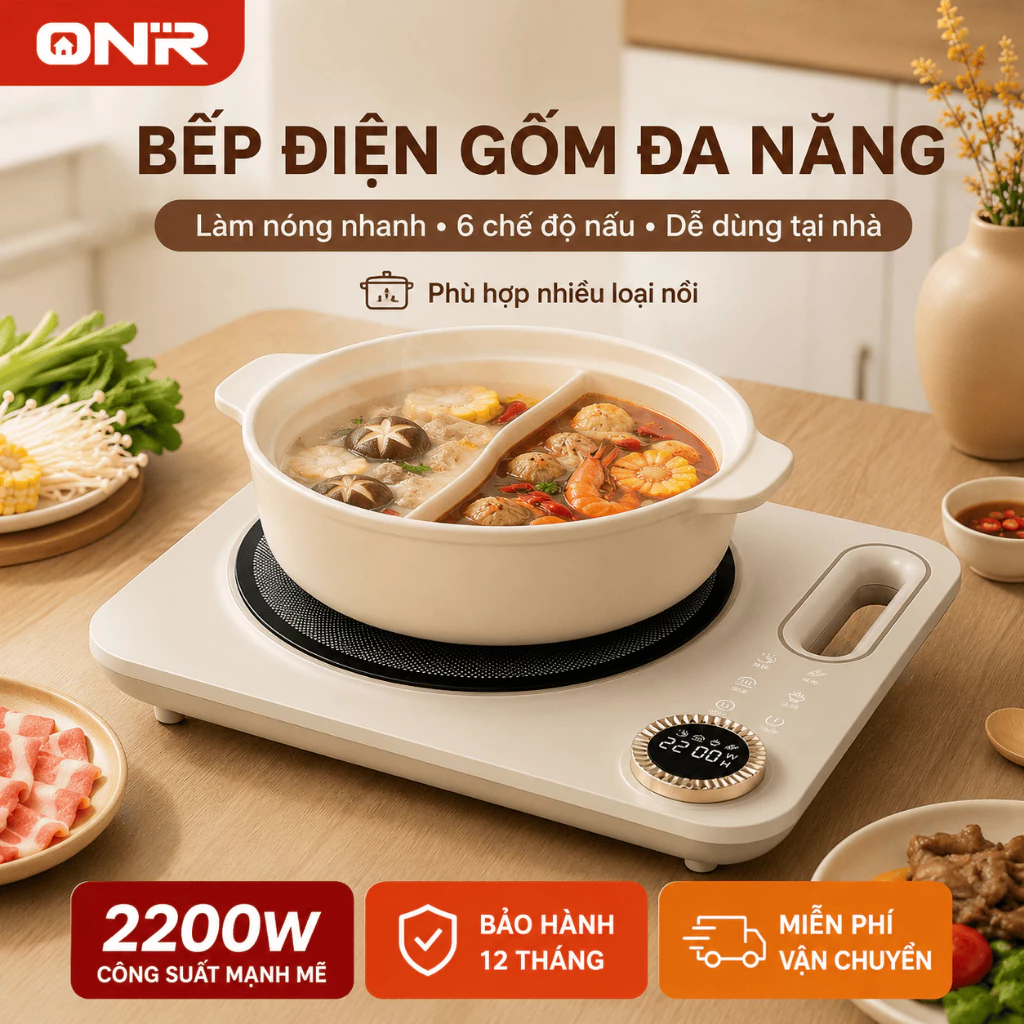 Bếp Điện Hồng Ngoại 2200W, Mặt Gốm Chịu Nhiệt, Cảm Ứng, Tiết Kiệm Điện, Dễ Vệ Sinh