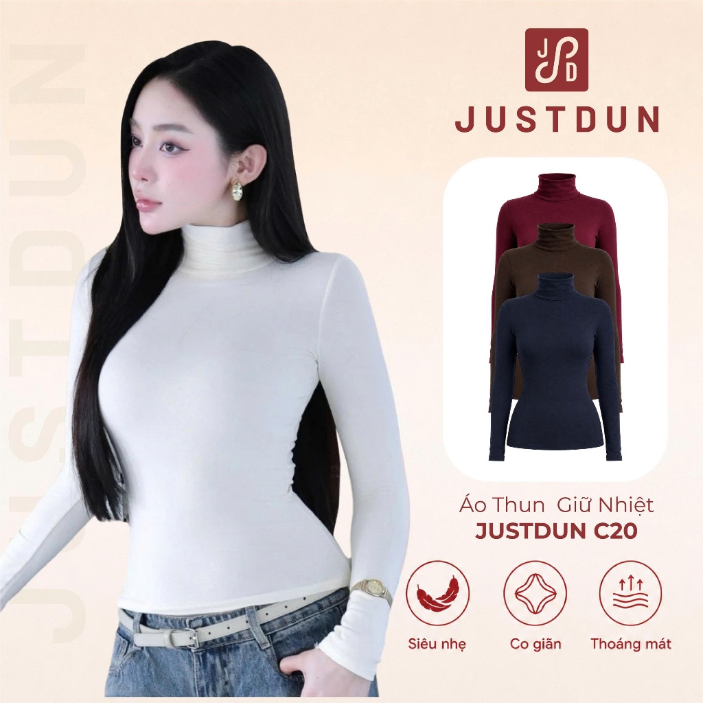 Áo Thun Ôm Body Giữ Nhiệt Cổ Cao 8 Phân, Tay Dài JUSTDUN C20 – Chất Cotton Dày…