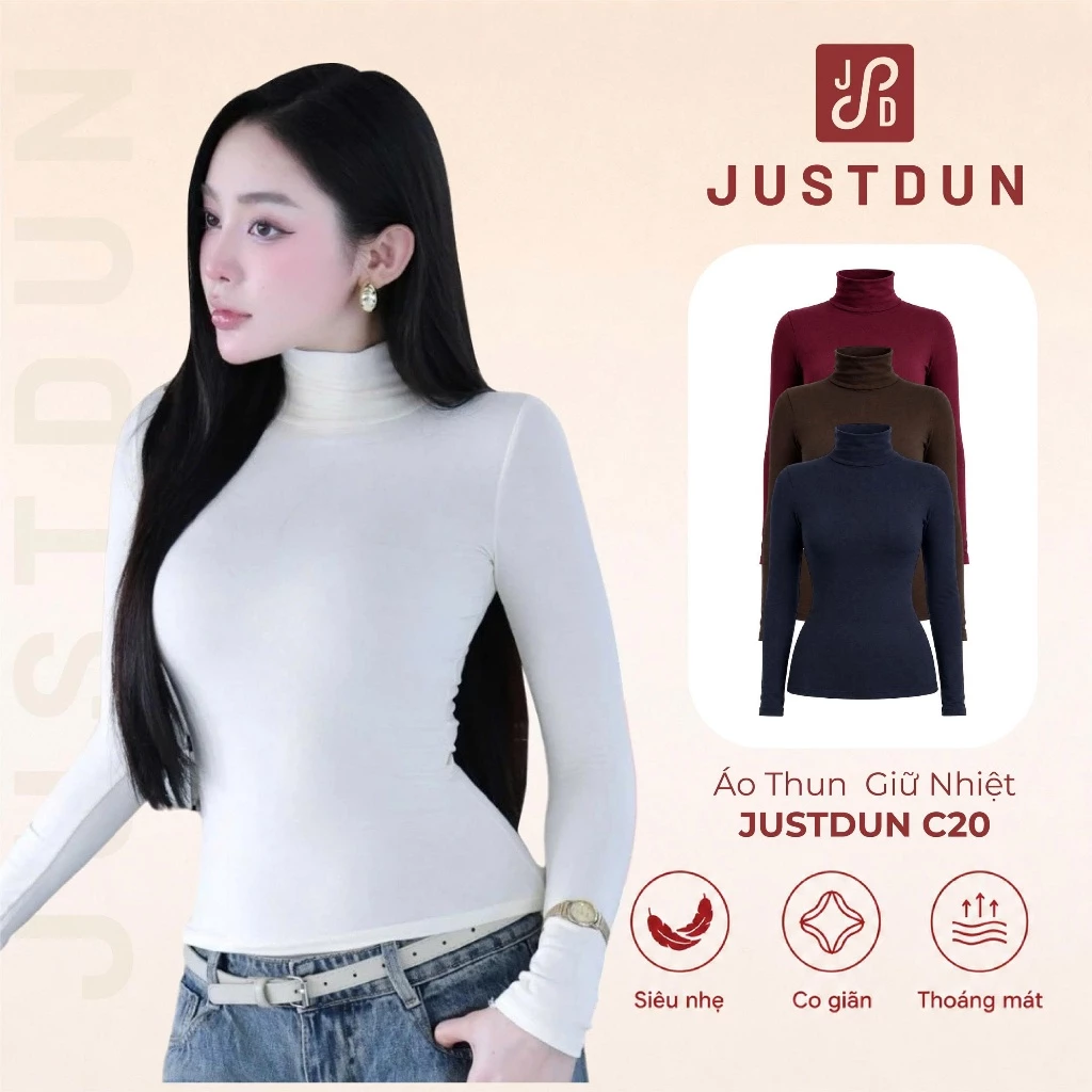 Áo Thun Ôm Body Giữ Nhiệt Cổ Cao 8 Phân, Tay Dài JUSTDUN C20 – Chất Cotton Dày Dặn, Tôn Dáng
