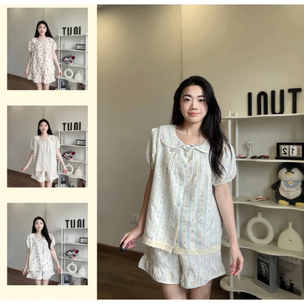 Bộ Ngủ Nữ Tiểu Thư Cổ Sen Vải Đũi Vân In Hoạ Tiết Mùa Hè Women Quần Ngủ Áo Ngủ BNP-815