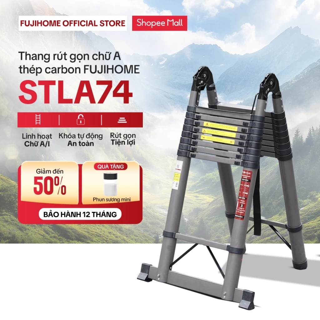 Thang rút chữ A cao 3.3 - 7.3M Nhập Khẩu FUJIHOME tải trọng 150kg,Thang rút đôi thép carbon chống gỉ an toàn chống trượt