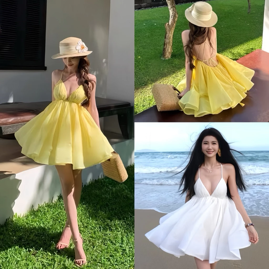 Đầm Hai Dây Xoè Bồng Hở Lưng, Đầm Đi Biển Cổ Yếm CÓ MÚT NGỰC Nhiều Màu Rực Rỡ Tôn Da