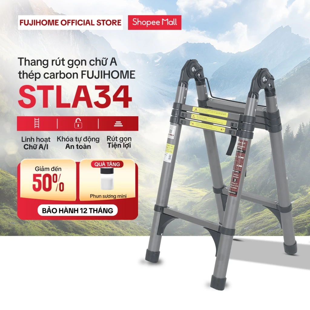 Thang rút gọn chữ A 3.3M Nhập Khẩu Fujihome STLA34,Thang rút đôi thép carbon chống gỉ tải 150kg khoá tự động chống trượt