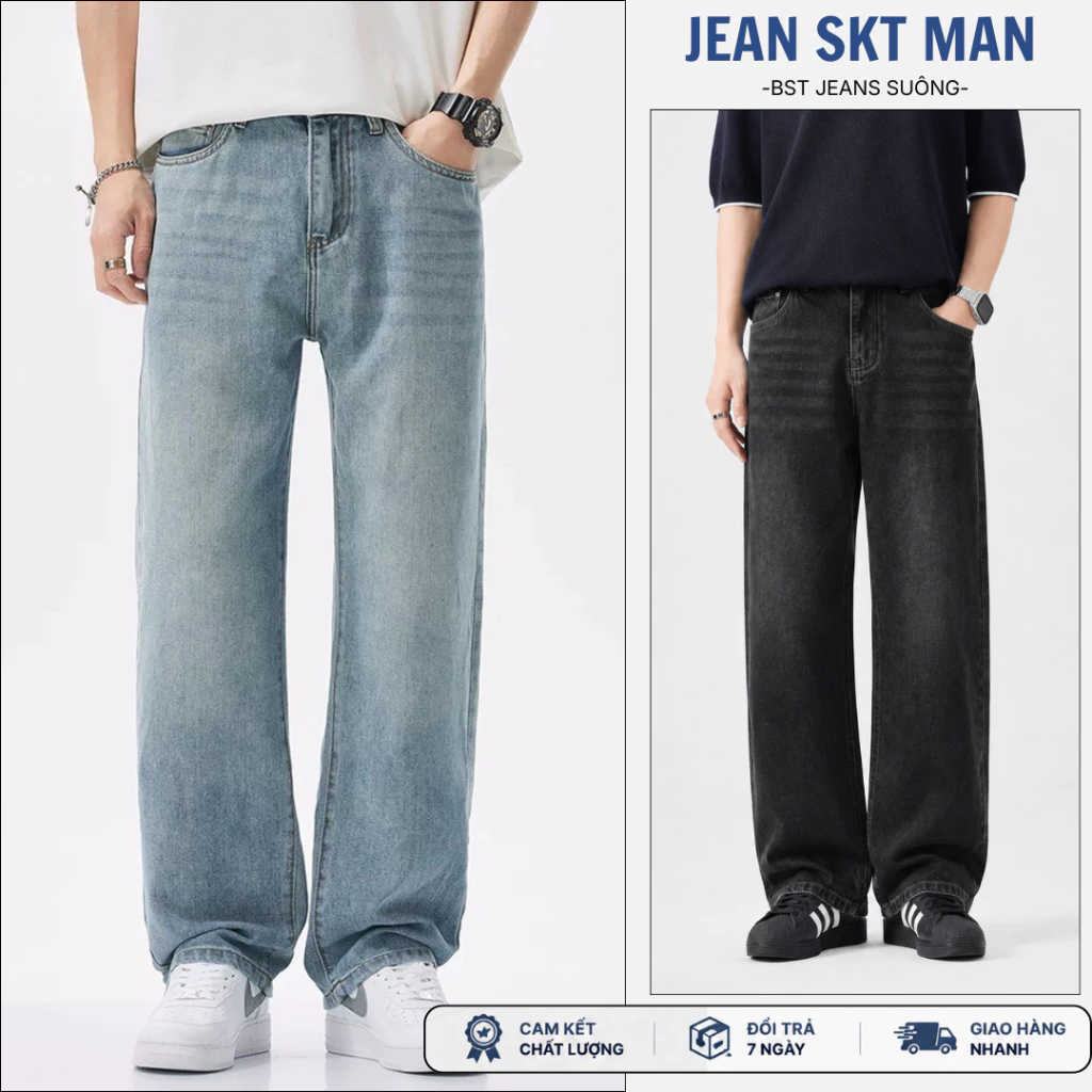 Quần jean nam baggy ống suông ,chuẩn form dáng, co giãn,dầy dặn ,denim cao cấp, dễ phối đồ, JeanSkt