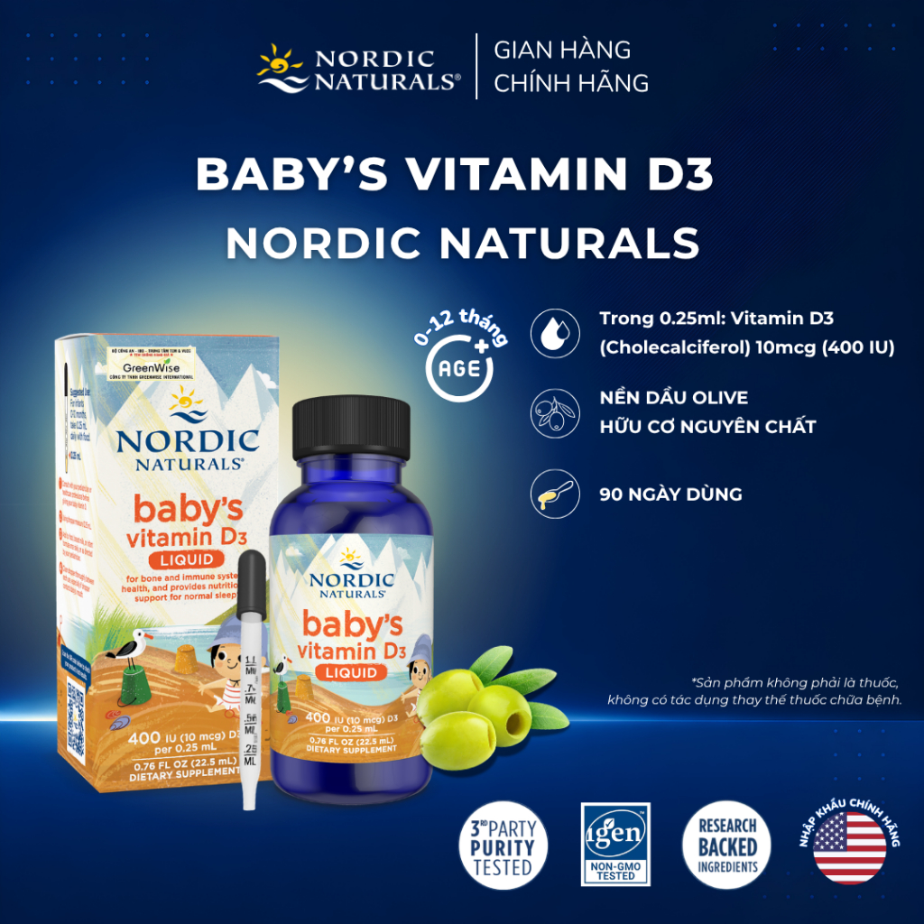 Vitamin D3 thuần tinh khiết Nordic Naturals lọ 22,5ml, Hỗ trợ phát triển hệ…