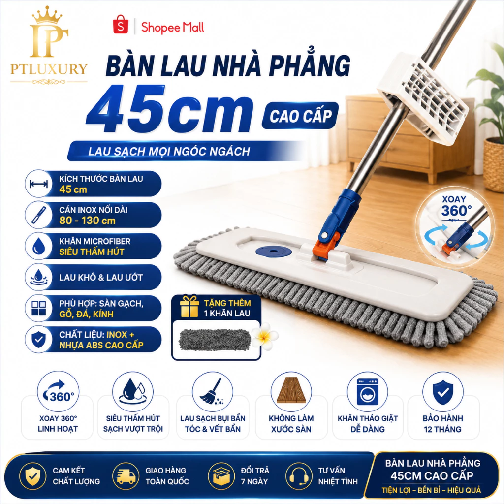 [ HỎA TỐC HCM ] Cây Lau Nhà Tự Vắt Thông Minh Xoay 360 Độ, 2 Bông Lau - PTLUXURY