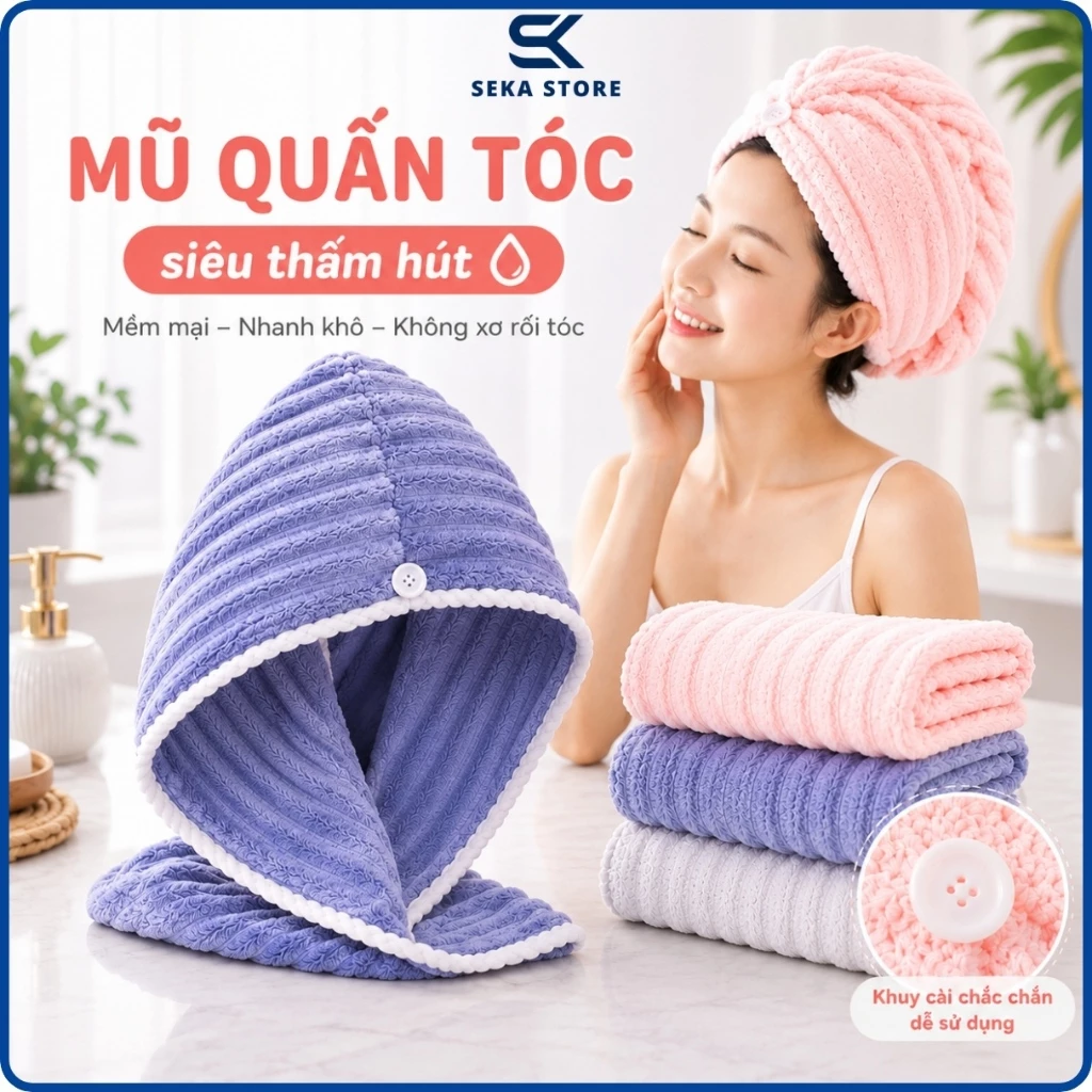 Mũ Quấn Tóc Siêu Thấm Hút Nhanh Khô SEKA Khăn Ủ Tóc Trùm Đầu Mềm Mại