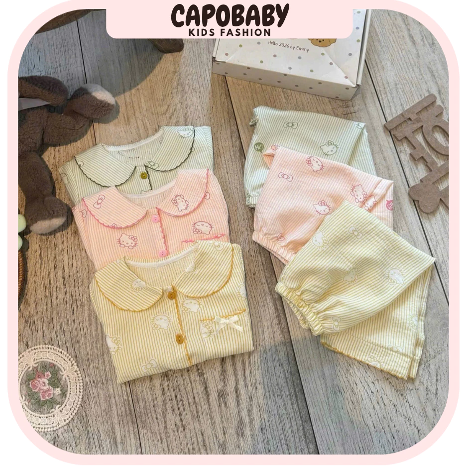 Bộ pijama bé gái vải cotton thoáng mát họa tiết Hello Kitty đáng yêu cổ sen mặc ở nhà tay dài cao cấp [DN011]