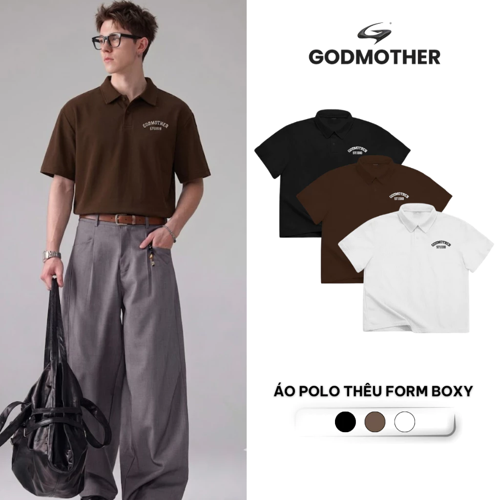 Áo Polo Form Boxy GODMOTHER Vải Cotton Cá Sấu 2 Chiều Cổ Bẻ Phối Cúc Thêu Chữ Basic Unisex Thanh Lịch