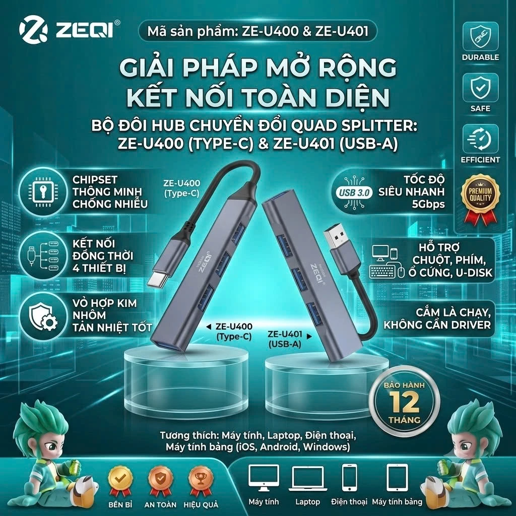 Bộ Chia Cổng Usb x4 Hoco/ ZEQI Tốc độ nhanh nhỏ gọn dễ dàng lắp đặt sử dụng USB 3.0/2.0/TYPEC