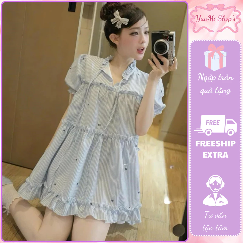 Đầm babydoll cộc tay cổ bèo họa tiết sọc dọc dáng rộng giấu bụng chất thô mát phong cách trẻ trung HCOM25739