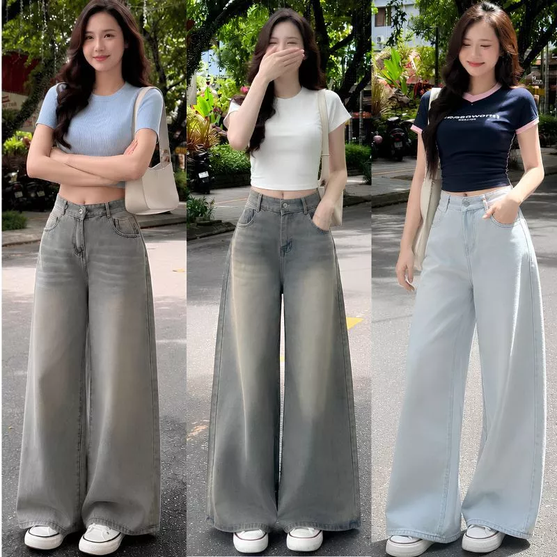 Quần Jeans Nữ Ống Rộng Cạp Cao TJEANSS Màu Wash Retro Phong Cách Hàn Quốc TÔN DÁNG Chất Bò Mềm Denim Đầy Đủ Size