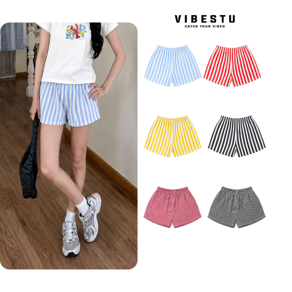 Quần Short Nữ Sọc Form Rộng Local Brand VIBESTU , Quần Short Nữ Ngắn Form Unisex