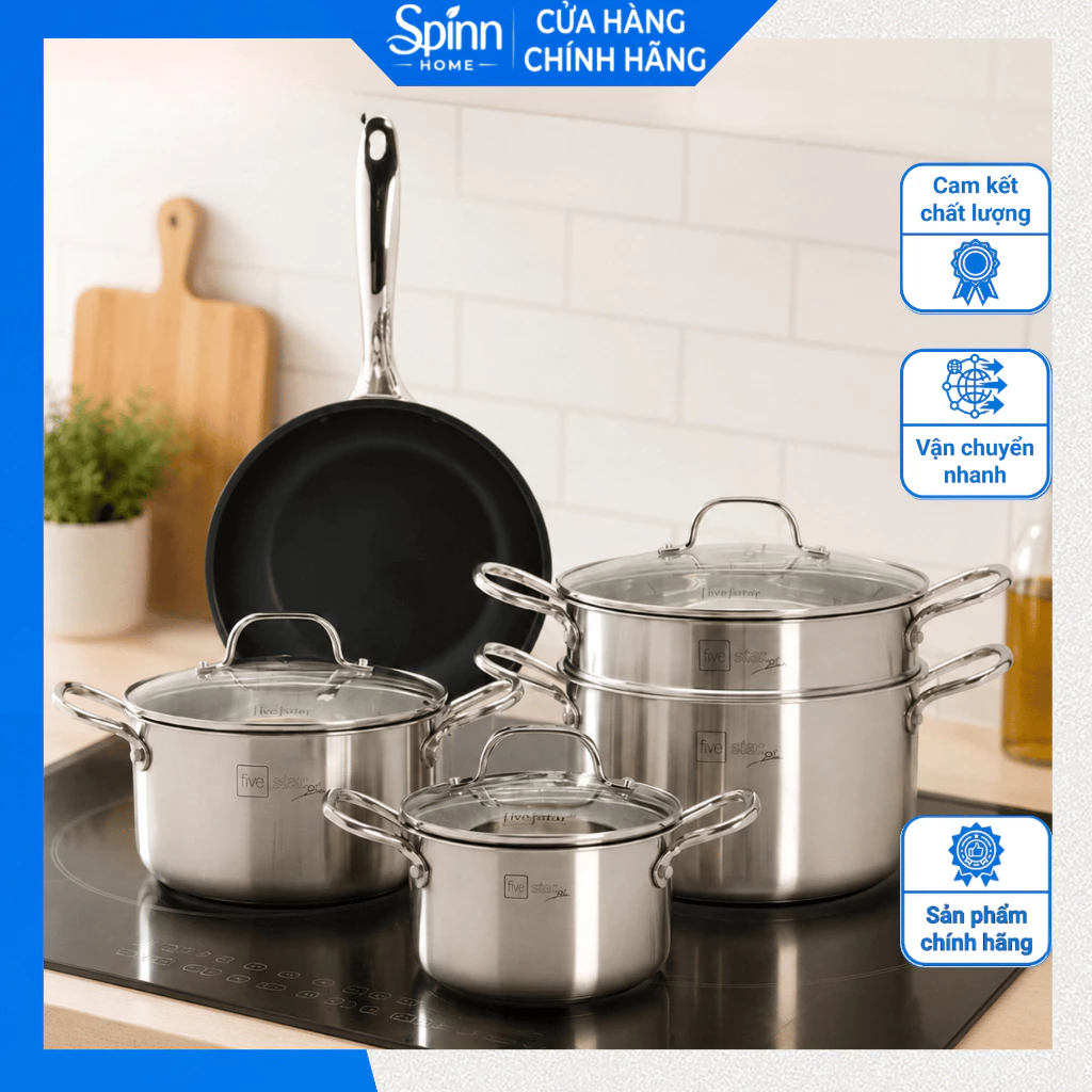 Nồi fivestar đúc liền khối inox 304 3 lớp, bộ xoong cao cấp dùng được trên nhiều loại bếp