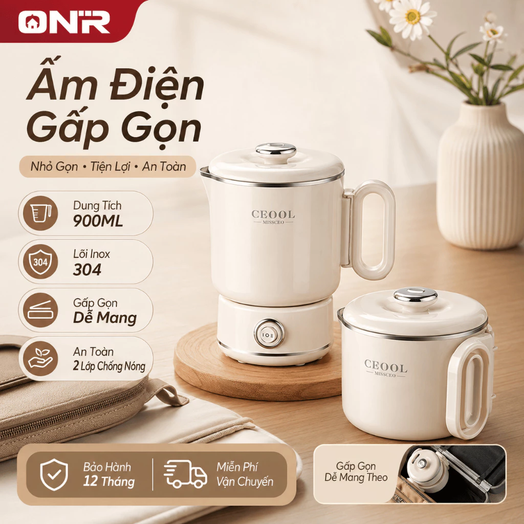 Ấm Đun Nước Điện Gấp Gọn 900ML, 2 Mức Công Suất 300/600W, Inox 304, Nấu Mì, Chống Bỏng