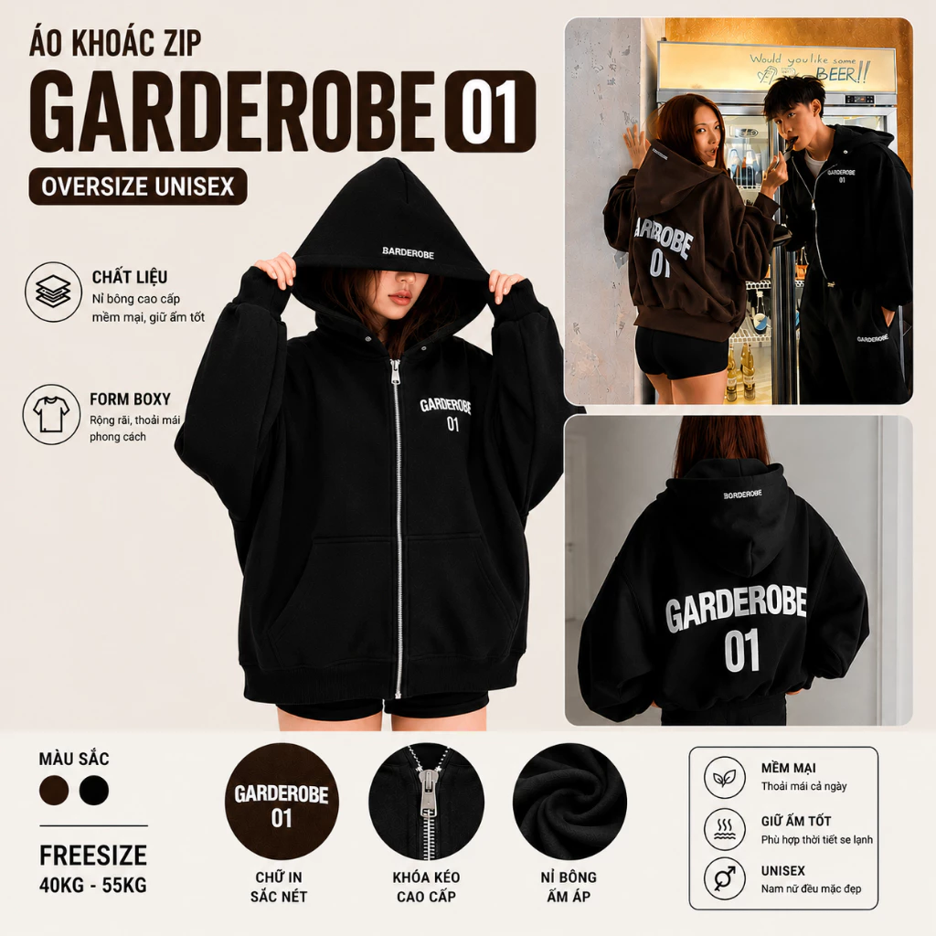 Áo Khoác Nỉ Boxy In Chữ Garderobe 01 Form Boxy Unisex Freesize Nam Nữ