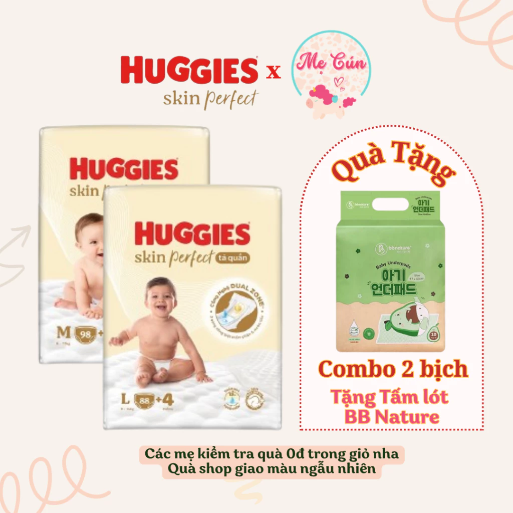 (Tặng tấm lót) Bộ 2 bịch tã quần Huggies Skin Perfect M98+4, L88+4, XL72+4, XXL64+4 hai vùng thấm hút