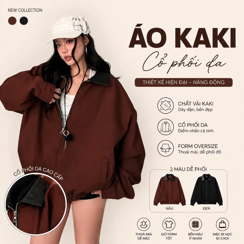 Áo Khoác Kaki Form Boxy Freesize Form Rộng Cổ Phối Da Áo Vải Kaki 2 Lớp Có Túi Trong